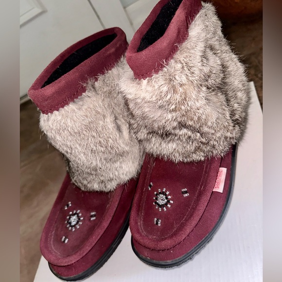 Minimok burgundy upper suede rabbit fur booties - Picture 1 of 4